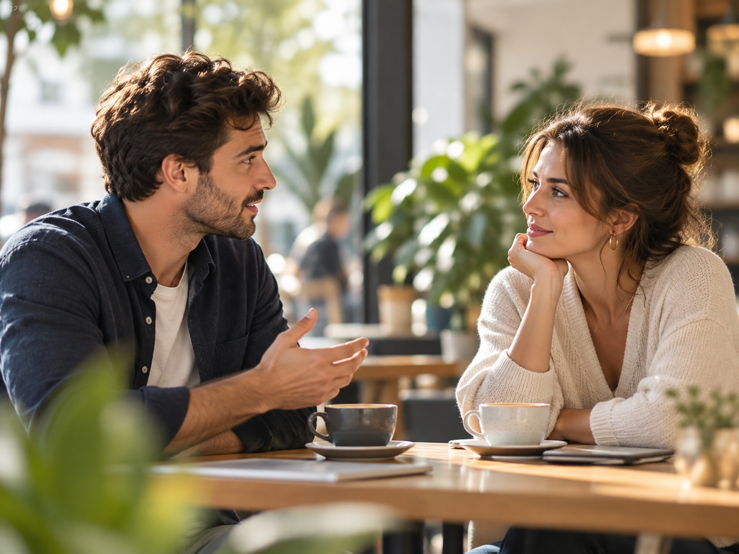 Deux adultes échangent naturellement autour d'un café dans un lieu lumineux